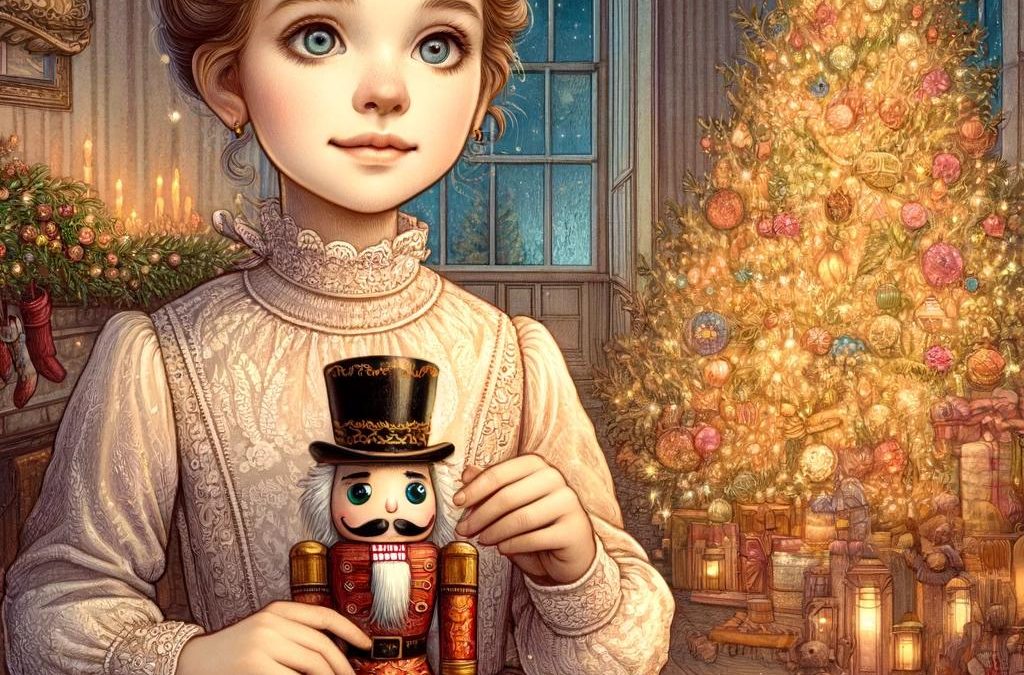 An enchanting illustration of Clara from The Nutcracker, a young girl with soft, delicate features, dressed in a flowing Victorian-style nightgown. She holds a beautifully crafted nutcracker doll with a look of wonder and joy. The background features a magical Christmas setting with a glowing, ornament-laden tree, wrapped gifts, a warm fireplace, and festive details like stockings and twinkling lights, capturing the elegance and whimsy of the Nutcracker story