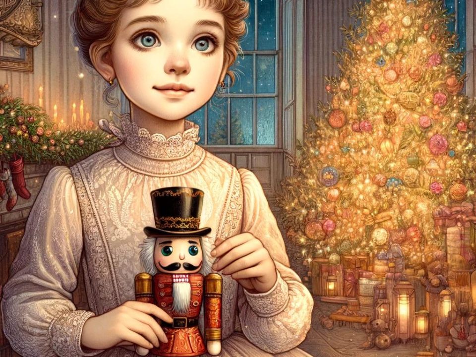 An enchanting illustration of Clara from The Nutcracker, a young girl with soft, delicate features, dressed in a flowing Victorian-style nightgown. She holds a beautifully crafted nutcracker doll with a look of wonder and joy. The background features a magical Christmas setting with a glowing, ornament-laden tree, wrapped gifts, a warm fireplace, and festive details like stockings and twinkling lights, capturing the elegance and whimsy of the Nutcracker story